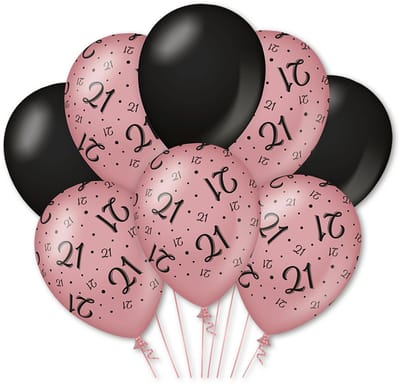 Q2P - 21 Jaar Ballon - Verjaardag Versiering - Rosegoud & Zwart - Helium Ballonnen - Feest Decoratie - 8 Stuks