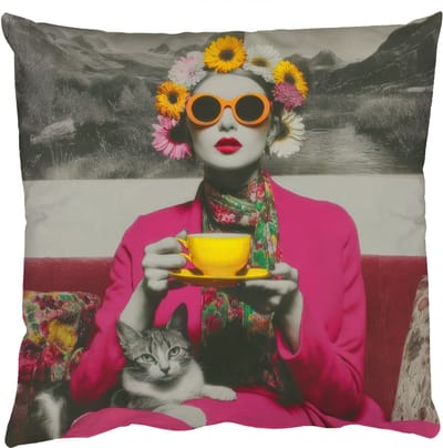 Sierkussens - Kussentjes Woonkamer - 50x50 cm - Vrouw - Kat - Bloemen - Kopje - Retro