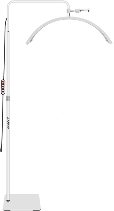 36W Halve-maan LED Vloerlamp – Dimbaar 3200K-5600K – Met 186 cm Statief, Telefoonhouder & Afstandsbediening – Geschikt voor Beauty Salon, Make-up, Live Streaming & Slaapkamerverlichting – Wit