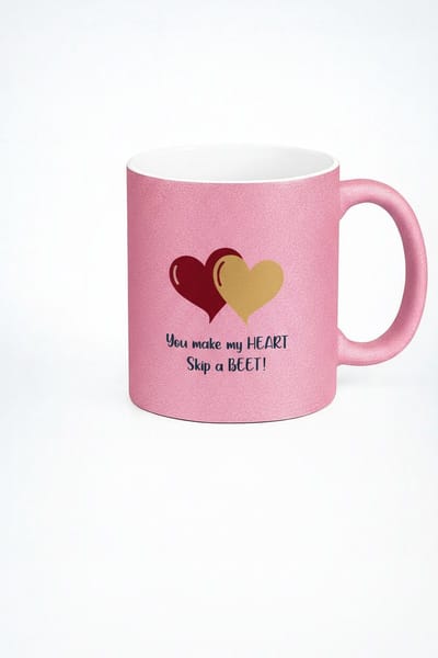Roze Glitter Mok met Hartjes | Lieve Pun 'Skip a BEET' | Valentijn Cadeau | Unieke Koffiemok