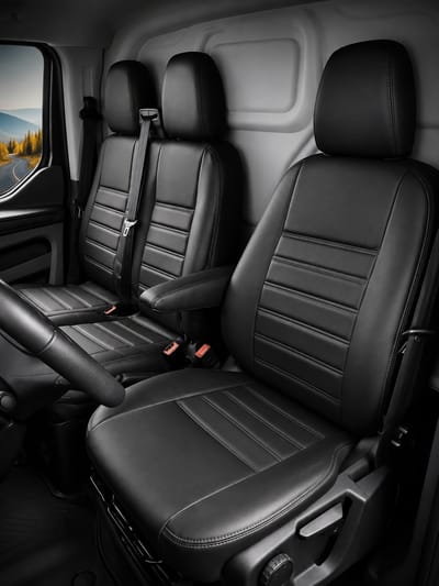 Stoelhoezen Ford Transit Custom 2012 - 2023 – Fezz Zwart – luxe skai-leer autostoelhoezen – premium kwaliteit – perfecte pasvorm – slijtvast – eenvoudig te monteren – set voor Stoel/Bank-zonder voorbereiding klaptafel in de rugleuning