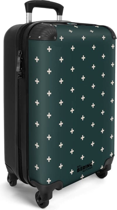 NoBoringSuitcases.com® - Handbagage koffer lichtgewicht - Reiskoffer met print - Kleine vakantie trolley - Groen met witte plus tekens - Rolkoffer met wieltjes - Past binnen 55x40x20 en 55x35x25 - Suitcase cabin - Flightcase