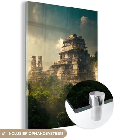 MuchoWow - Glasschilderij - Foto op glas - Jungle - Tempel - Lucht - Wolken - Groen - Schilderij glas - Acrylglas - Kamer decoratie - 120x160 cm - Wanddecoratie - Schilderijen woonkamer