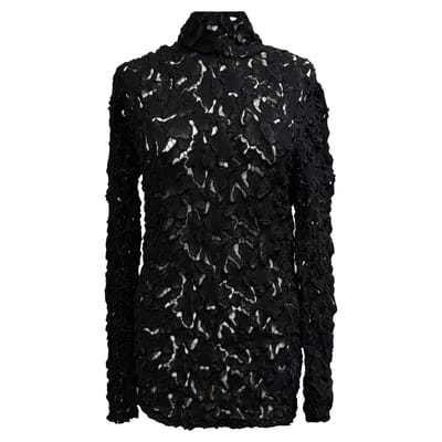 Bottega Veneta blouse met kanten patroon en opstaande kraag in zwart polyester