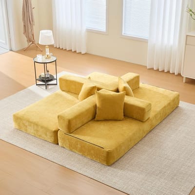 Modulaire 2-zits slaapbank uitklapbaar 198x79x60 cm – gele chenille slaapbank met opbergruimte in zijzakken, multifunctionele sofa bed, antislip basis, modern comfort – HomebyNicole