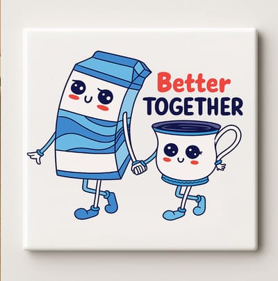 Schattige Tegel “Better Together” – 15x15cm Keramische Wanddecoratie – Lief Melk & Kopje Ontwerp Perfect voor Keukendecoratie of Stel Cadeau