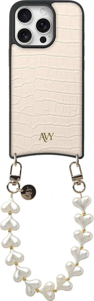 AVY Leren Hoesje Geschikt voor Apple iPhone 16 Pro | Compatibel met MagSafe | Leather Case met Telefoonkoord | Polsband | Croco Beige | Cupid Pearl
