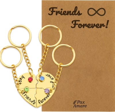 BFF Sleutelhanger voor 4 ' Friends Forever' - Hartje Puzzelstukjes & Kristal - Sleutelhanger set op Cadeau Kaartje - Goudkleurig - Vriendschap Symbool - Pax Amare
