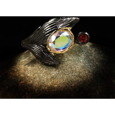 Bague Branche Créative Européenne et Américaine Incrustée de Pierre de Lune Or Noir Rétro Argent Thaï Teint en Noir Bague Feuille Opening 6 black