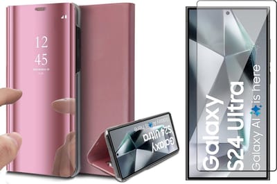 Hoesje geschikt voor Samsung Galaxy S24 Ultra - Screenprotector Volledig Dekkend Glas - Spiegel Book Case Rosegoud