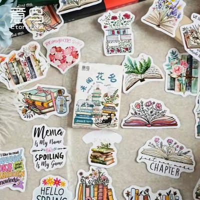 30 stuks/doos zelfklevende boeken stickers, bloemen, boeken thema