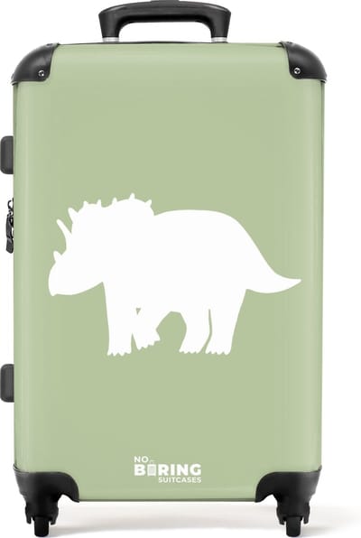 NoBoringSuitcases.com® - Kinderkoffer jongen - Kindertrolley jongens - Groen met Triceratops dino - Koffer kind groot - Rolkoffer lichtgewicht - Reiskoffer met 4 wielen - Grote trolley XL - 20 kg bagage