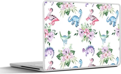 Laptop sticker - 11.6 inch - Dinosaurus - Kinderkamer - Bloemen - Meisjes - Kinderen - Roze - Kindje - 30x21cm - Laptopstickers - Laptop skin - Cover