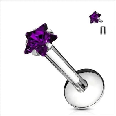 Aramat Jewels | Piercings | RVS Ster Helix Piercing met Zirkonia 8x1.2mm - Tragus Labret | Paars / 3mm | |3mm | Staal | Volwassenen | Verkleurd niet