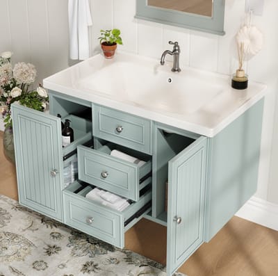 Badkamerkast - Hangend Wastafelmeubel Met 3 Lades En Opbergruimte - Voor Kleine En Moderne Badkamers - MDF Keramiek Metaal - Groen - 78,5x46x46,8 cm