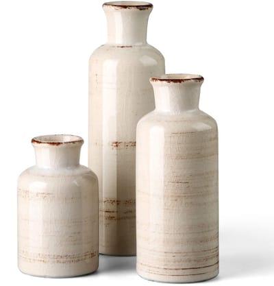White Ceramic Vase Set,Rustic Flower Vases for Home Décor,Flower Vase,Farmhouse Country Décor,Living Room Centerpiece Table Decorations,Shelf & Mantel Decor.