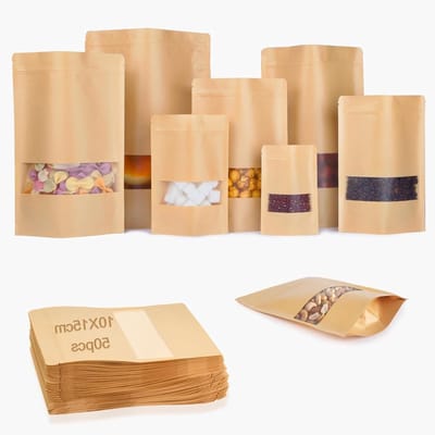 Kraft Papieren Tassen met Venster, 10 x 15 cm, 50 Stuks - Ideaal voor Noten, Koffiebonen en Snoepjes