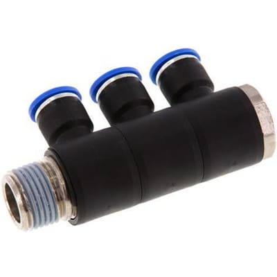 10mm x R1/2'' 3-way Manifold Messing/PA 66 Insteekfitting Buitendraad Draaibaar NBR
