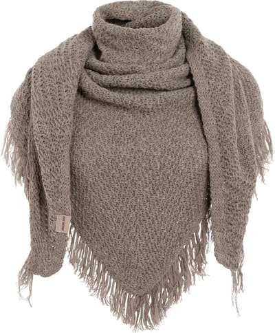 Knit Factory Amber Gebreide Omslagdoek - Driehoek Sjaal Dames - Dames sjaal - Wintersjaal - Stola - Wollen sjaal - Bruine wintersjaal - Marron - 190x85 cm - Sjaal met franje