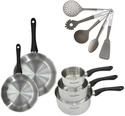 Fackelmann 9222850 Set Roestvrijstalen Pannen 12/16/20 cm & Roestvrijstalen Koekenpannen 20/24 cm Geneva Zonder PFAS met 5 Keukengerei