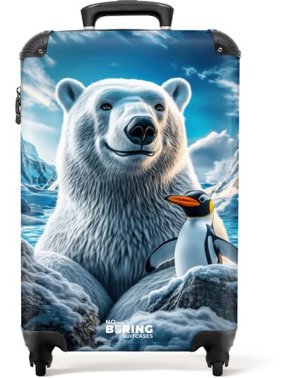 NoBoringSuitcases.com® - Kinderkoffer - Kindertrolley jongen en meisje - IJsbeer en pinguïn in besneeuwd berglandschap - Handbagage koffer lichtgewicht - Reiskoffer trolley kinderen - Rolkoffer met wieltjes - Past binnen 55x40x20 en 55x35x25