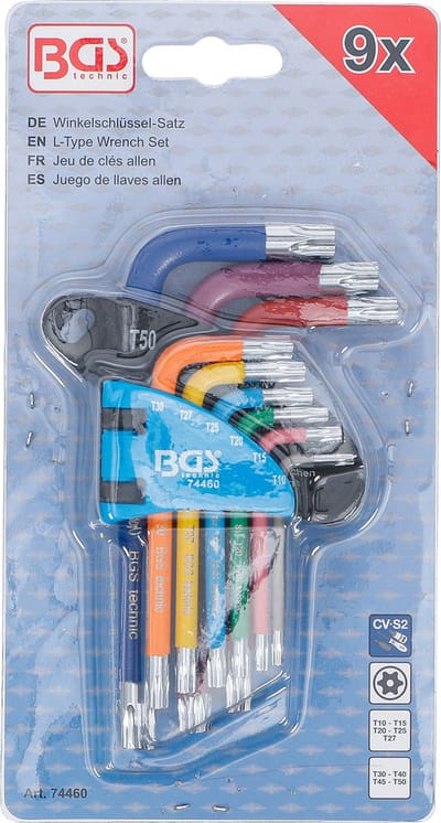 BGS Stiftsleutelset - meerkleurig - kort - Torx met boring T10 - T50 - 9 delig