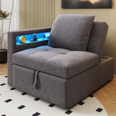 Slaapbank - 3-in-1 Opvouwbare Slaapstoel met Verstelbare Rugleuning - Linnen - Met led-strip en USB/Type-C-aansluiting - Ligstoel en Eenpersoonsbed - voor Woonkamer, Slaapkamer of Logeerkamer - Lichtgrijs
