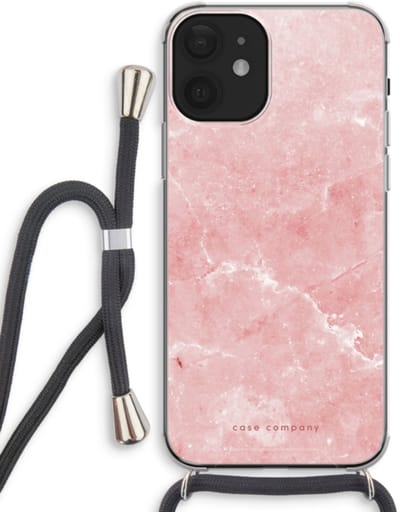 Case Company® - Hoesje met koord geschikt voor iPhone 12 hoesje met Koord - Roze marmer - Telefoonhoesje met Zwart Koord - Bescherming aan alle Kanten en Over de Schermrand