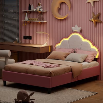 Kinderbed 90x200 cm roze met kroonvormig hoofdbord, LED-verlichting en lattenbodem, prinsessenbed voor meisjes