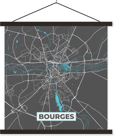 Posterhanger incl. Poster 60x60 cm - Schoolplaat - Bourges - Frankrijk - Stadskaart - Kaart - Plattegrond - Textielposter - Zwarte latten - Stadskaart