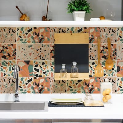 Zelfklevende tegelmuurstickers voor keuken en badkamer - 9 ZUNILDA Terrazzo tegelstickers - 9 stickers 10x10cm