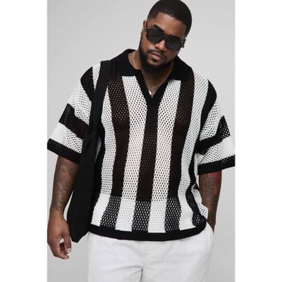 Plus Boxy Oversized Gestreepte Gebreide Polo | Ecru | Size 2XL