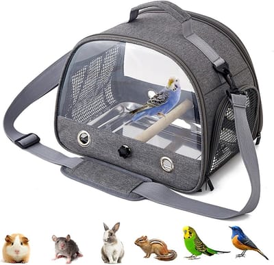 longziming - Vogel Rugtas Met Houten Zitstok - Draagtas Voor Papegaaien En Parkieten - Lichtgewicht Bird Carrier Met RVS Voerbak En Staande Perch - Voor Reizen En Outdoor Gebruik - grijs
