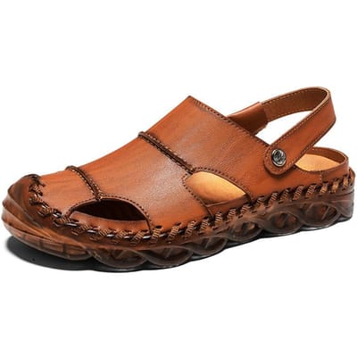 Zomer Koeienhuid Gesloten Teen Heren Sandalen Holle Leren Sandalen Heren Modieuze Leren Rijden Zachte Zool Antislip Strand Schoenen 46 bruin
