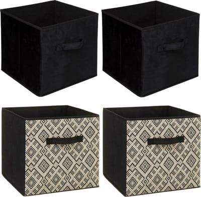 Set van 4x stuks opbergmanden/kastmanden 29 liter zwart/creme polyester 31 x 31 x 31 cm - Opbergboxen - Vakkenkast manden