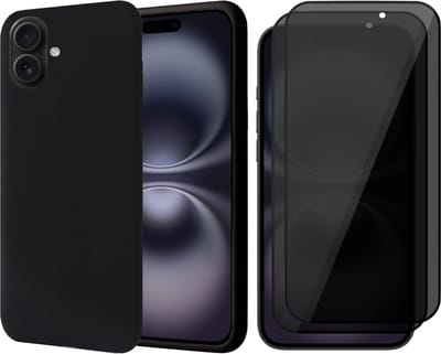 Hoesje geschikt voor iPhone 16 - 2x Privacy Screenprotector Volledig Dekkend Glas - Matte Case Zwart met Fluweelzachte Binnenzijde