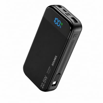 Sounix Powerbank 30.000 mAh - 22.5W Snellader - Ingebouwde Kabels - 5 Oplaadpoorten - LED Indicatie - Zwart