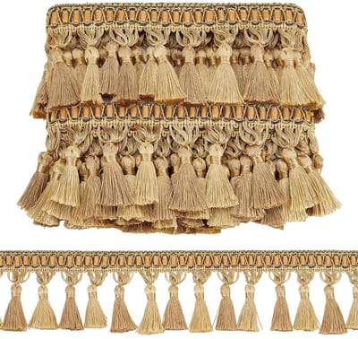 Dailygoods- Kwastje Gouden Trim 10 cm Breed - Handgemaakt - Gevlochten Franje - Duurzaam - Geschikt voor Doe-Het-Zelf - 6,25 Meter Lang