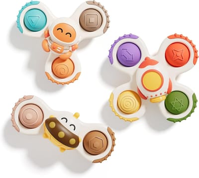 3 Stuks Ruimte Zuignap Spinner Speelgoed voor Baby - Astronaut Raket UFO Zintuiglijk Fidget Speelgoed - Montessori Pop It Siliconen Bijtspeelgoed - Peuter Bad Eetstoel Raam Reisspeelgoed 1-3 Jaar