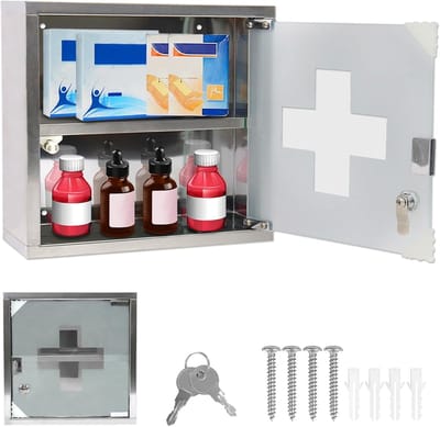 30X12X30cm Rvs Medische Kasten | 2 Vakken Sluitbare Apothekerskast | Inkl. Glazen Deur En 2 Sleutels | Hangende Huisapotheek Doos | Zilveren Wand Medicijnkast | Eerste Hulp Medicijnkast NAIZY