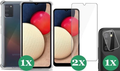Hoesje geschikt voor Samsung Galaxy A02s - 2x Screenprotector Glas & 1x Camera Screen Protector - Transparant Shock Case