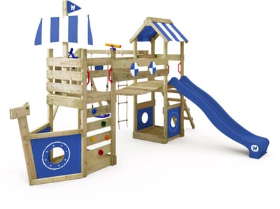 Wickey StormFlyer Speeltoestel - Schommel en Touwladder met Glijbaan - Wiebelbrug & 2 Zandbakken - 494x495x260 cm - Blauw