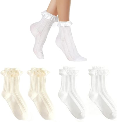 Vrouwelijke Kostuumsokken met Rimpel en Kant - Schattige Danssokken voor Feestjes en Speciale Gelegenheden (Beige en Wit)