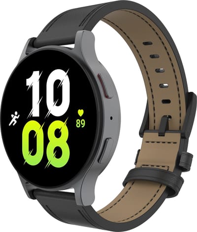 Cazy horlogebandje geschikt voor Samsung Galaxy Watch Bandje (Timeless Leather) - Smartwatchbandjes - Universeel bandje geschikt voor Samsung Galaxy Watch 7 / Watch 6 / Watch 5 / Watch 4 / Watch FE - Zwart