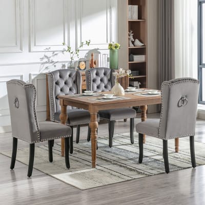 Eetkamerstoelen - Set van 4 - Met Chroom Klopper en Knoppen - Siernagels en Eiken Poten - Fluweel - Grijs