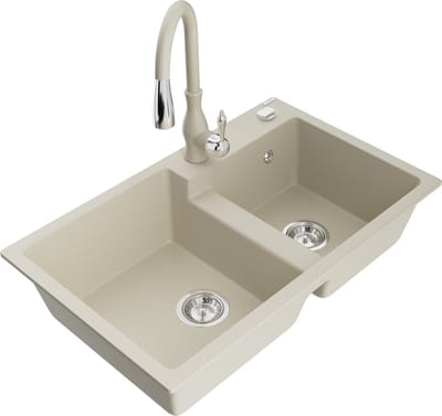 Mexen Tomas granieten spoelbak 2-kamer met keukenkraan Savita, beige - 6516-69-672601-69