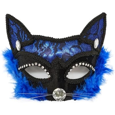 1 masque de déguisement pour femme, masque de fête en PVC en dentelle, masque décoratif d'Halloween pour visage de chat et d'animal bleu