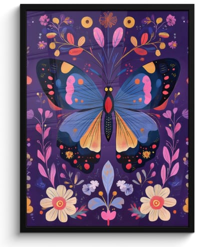 Poster in lijst - Fotolijst 50x70 cm - Posters - Sierlijk - Bloemen - Vlinder - Paars - Posterlijst zwart - Decoratie - Wanddecoratie woonkamer - Muurdecoratie slaapkamer