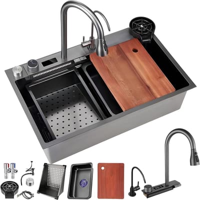 Waterval Spoelbak - Keuken Gootsteen - Keukenwerk Station - LED Temperatuur Weergave - 70x50cm - Zwart