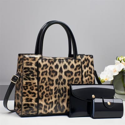 Nieuw Hoge Uitstralingsniveau Luipaardprint Splicing Moedertas Drie Sets van Mode Grote Capaciteit Enkele Schoudertas Alle Crossbodytas . black